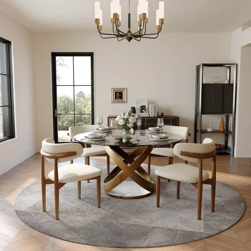 Vista 2 de POVISON Juego de 4 sillas de comedor redondas de lino y algodón con mesa de comedor de vidrio (mesa de comedor de 51 pulgadas + 4 sillas)
