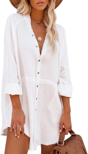 Vista 2 de iGENJUN Women's Long Sleeve Beach Cover-ups Button Down Oversized Tunic Dress Shirt Boho Dresses with Pockets