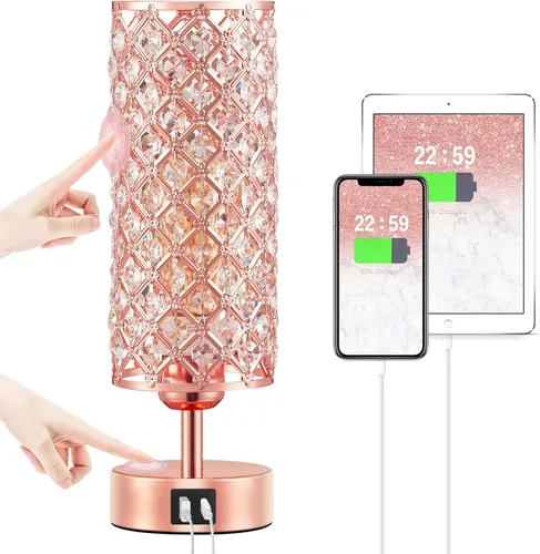 Vista 13 de Lámpara de mesa de cristal, lámpara dorada para dormitorio con puertos de carga USB-C y USB-A, luz regulable de 3 vías con pantalla de cristal