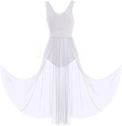 Vista 6 de PAOTIT Vestido de baile lírico de tul sin espalda, vestido de ballet moderno, falda larga de encaje dividida