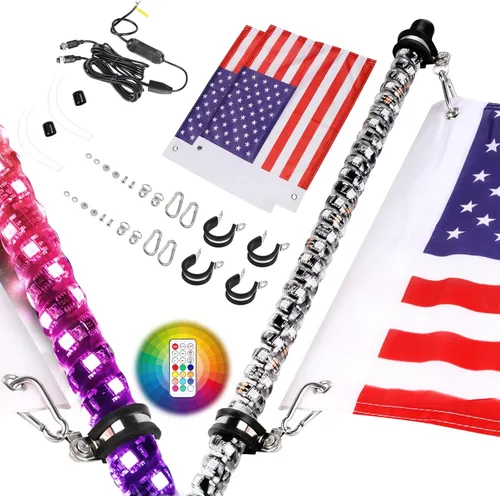 Vista 13 de Nirider 2PCS Luces LED Whip de 1 pie con Poste de Bandera Control Remoto Espiral RGB Luz de Persecución Todoterreno Antena Iluminada de Advertencia