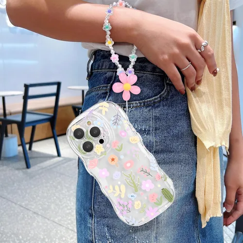 Vista 7 de Newseego Funda para iPhone 13 Pro, bonita funda transparente de flores coloridas y rizadas con bonita cadena de pulsera de flores para mujeres