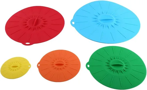 Vista 4 de Juego de tapas de silicona con ventosa de 5 tamaños, cubierta de almacenamiento de alimentos apta para microondas, tapa reutilizable de silicona