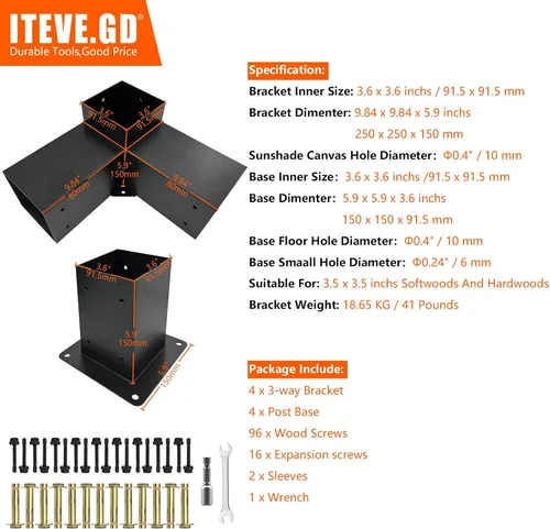 Vista 7 de Kit de soporte de esquina de pérgola de 3 vías, soporte resistente de calibre 13 con base de anclaje para poste a viga, de 4 x 4 pulgadas