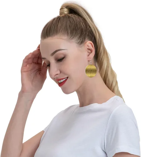 Vista 9 de Aretes redondos de cuero, patrón étnico africano con símbolos Adinkra, aretes colgantes de piel sintética para mujeres y niñas, Cuero sintético, No