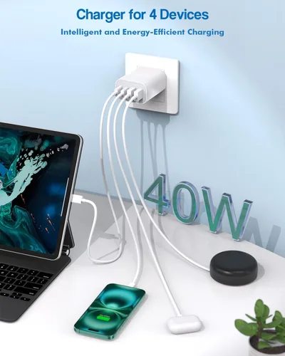 Vista 2 de Bloque de carga rápida de 40 W Apple 17 16, paquete de 2 bloques de cargador USB C rápido de 4 puertos, adaptador de corriente PD y adaptador QC