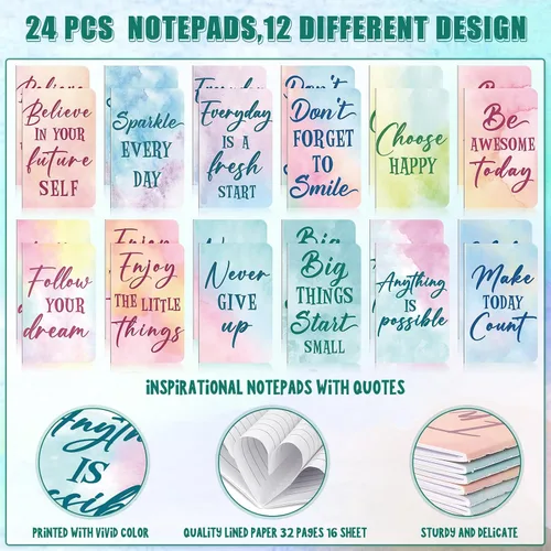 Vista 3 de 48 piezas de juego de bolígrafos de motivación en masa con acuarela, cuadernos de notas de bolsillo con citas motivacionales, bolígrafos de bola