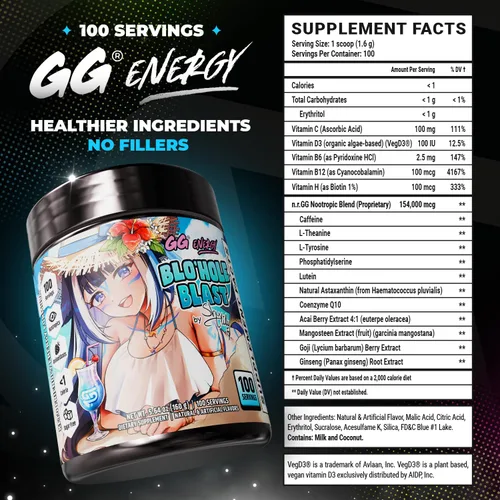Vista 2 de Gamer Supps GG® Energy - Blo'hole Blast by Shylily (100 Porciones) - Energía de Juego Amigable con Keto y Mezcla Nootrópica, Sin Azúcar + Cafeína