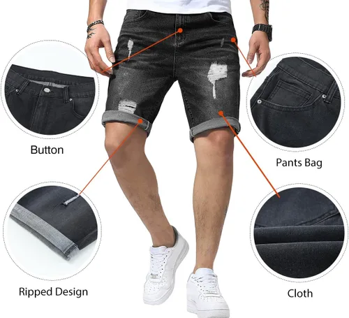 Vista 5 de JMIERR Pantalones cortos de mezclilla para hombre, estilo casual, elásticos, ajustados, lavados, desgastados, enrollados, rasgados, para hombre