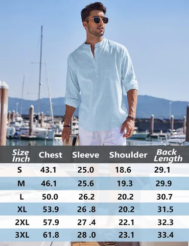 Vista 6 de JINIDU Camisas de lino de algodón para hombre, manga larga, Henley hippie, playa, boda, yoga