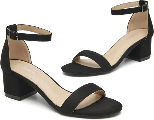 Vista 4 de Sandalias de tacón bajo para mujer, sandalias de tacón bajo con correa de tobillo y puntera abierta, sandalias de vestir para fiesta y boda