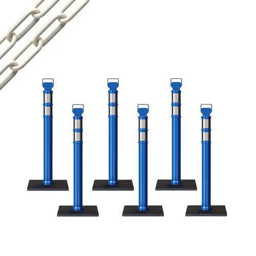 Vista 59 de CCW 6-Pack 45" Delineador Post Kit Kit de 3.0 in collares reflectantes, base de goma de 10 lb (6 postes blancos con cadena negra de 50 pies)