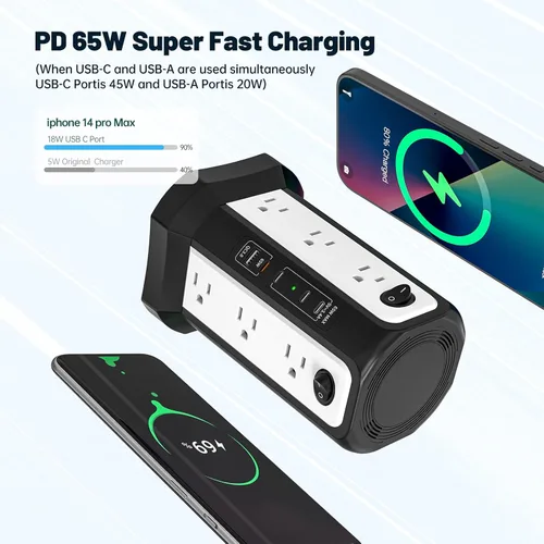 Vista 3 de PD65W USB C Estación de carga rápida de escritorio, regleta de alimentación PASSUS con 12 salidas de CA 4 USB C 1 USB A, cable de extensión