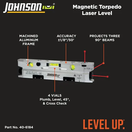 Vista 2 de Johnson Level & Tool 40-6184 - Nivel láser de torpedo magnético, color plateado y negro, 1 nivel láser