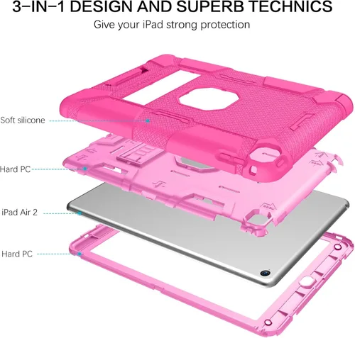 Vista 5 de BENTOBEN Funda para iPad Air 2, híbrida a prueba de golpes con soporte, rosa intenso Rosa fuerte