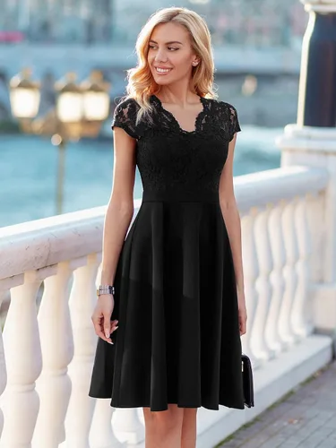 Vista 4 de MISSMAY Vestido de cóctel con cuello en V y encaje floral retro para mujer
