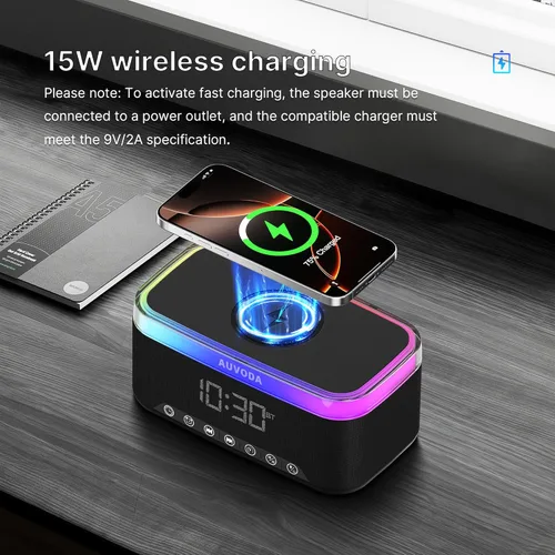 Vista 4 de Altavoz Bluetooth S300, altavoz portátil con carga inalámbrica de 15 W, luz nocturna de 13 colores, alarma, ruido blanco, radio, estéreo de 16 W