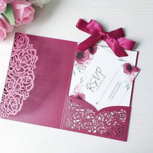 Vista 2 de 20 tarjetas de invitaciones de boda de flora cortadas con láser triples de 5.1 x 7.1 pulgadas con sobres y cintas para boda, despedida de soltera