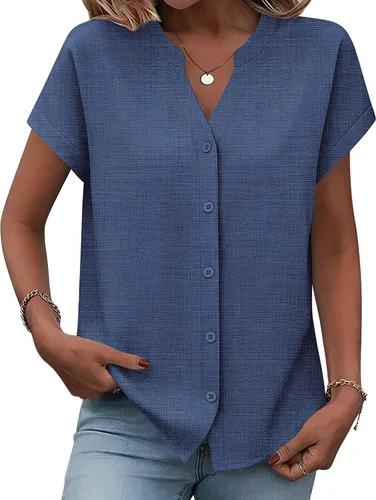 Vista 14 de Zeagoo Camisas con botones para mujer, camisetas de manga corta, cuello en V, blusas casuales de negocios