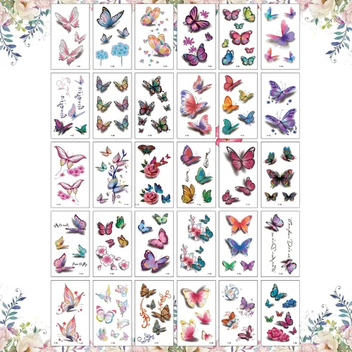 Vista 2 de 30 hojas de tatuajes temporales de mariposa para mujeres y niñas, flores falsas coloridas 3D, mariposas, alas de tatuaje, calcomanías de arte