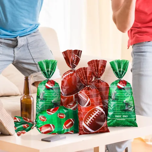 Vista 4 de Jetec 100 bolsas de celofán de fútbol americano marrón y verde, bolsas de regalo de fútbol con lazos para eventos de equipo deportivo, suministros