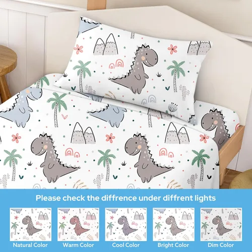 Vista 6 de BYSURE Juego de sábanas para cama individual para niños (Dinosaurio, gris), 3 piezas de sábanas de bolsillo profundo de ajuste fácil, ropa de cama