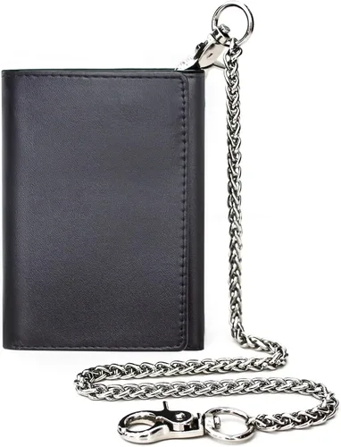 Vista 19 de boshiho Carteras de cuero auténtico con bloqueo RFID para hombre, billetera de doble pliegue con bolsillo para monedas con cremallera, con cadena