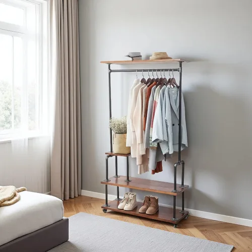 Vista 2 de Perchero industrial para ropa, estilo tubo, perchero de ropa Steampunk resistente, árbol de pasillo con ruedas con estante y almacenamiento