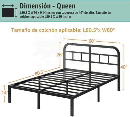 Vista 2 de Base de cama Queen de metal resistente de 14 pulgadas con cabecero