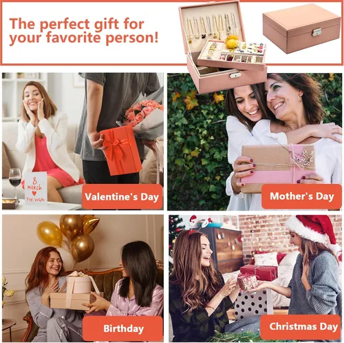 Vista 8 de CITZCFYU - Joyero organizador para regalos de mujer y niña, joyero de viaje con cerradura, estante de almacenamiento de piel sintética con bandeja