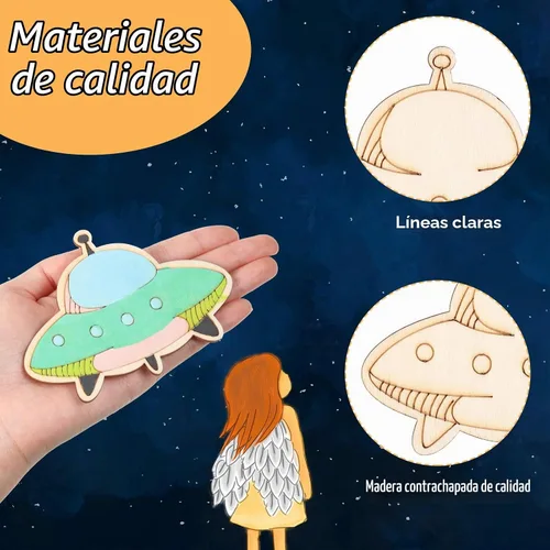 Vista 3 de Jetec 27 piezas de manualidades del espacio exterior, recortes de madera sin terminar, temática espacial, recuerdo de fiesta, cohete, planeta