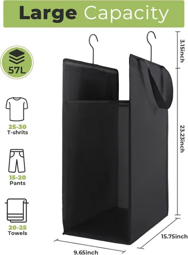 Vista 2 de Fentec Cesta colgante para la ropa sucia, cesta de lavandería colgante, bolsa delgada para ropa sucia con asas, cesta colgante portátil para Negro