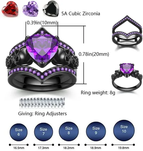 Vista 2 de Juego de anillos de compromiso góticos con diseño de calavera y rosa negra con forma de corazón, cristal de circón en forma de corazón, boda
