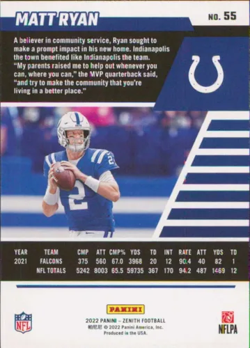Vista 2 de 2022 Panini Zenith Retail #55 Matt Ryan Indianapolis Colts Football Card - GotBaseballCards