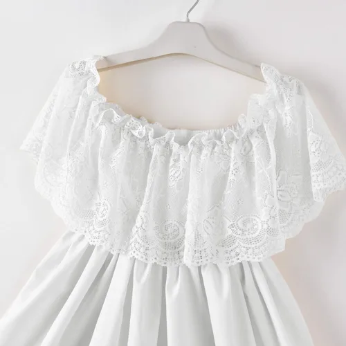 Vista 4 de fioukiay Vestido de princesa para niña pequeña bohemio hombros descubiertos encaje volantes vestidos de vacaciones Marfil blanco vino