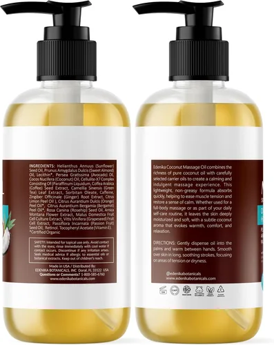 Vista 7 de Edenika Botanicals Aceite de masaje de coco tropical para terapia de masaje, aceite de masaje calmante con aceite de coco y maracuyá para relajación
