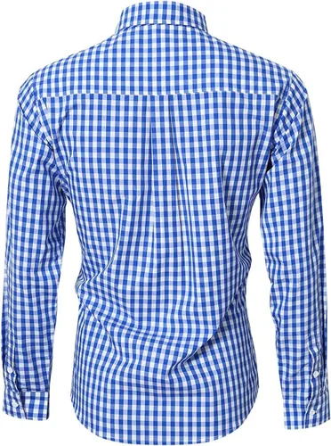 Vista 2 de KOJOOIN Camisas de manga larga para hombre Oktoberfest, camisa a cuadros bávaros alemanes con botones, color azul, talla L, Azul