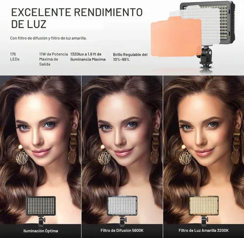 Vista 3 de NEEWER Kit de iluminación de luz de video regulable de 176 LED: Panel LED 176 3200-5600K, batería recargable de iones de litio de 2 piezas, cargador