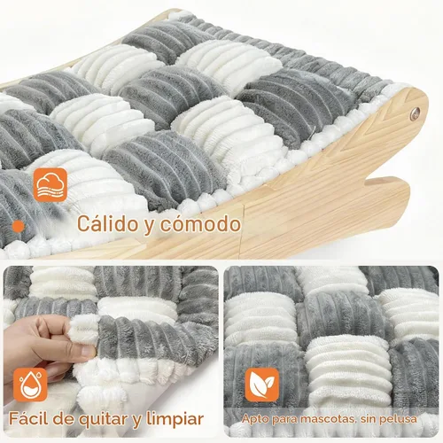 Vista 5 de Cama elevada de felpa para gatos, acogedora hamaca elevada para gatos con marco de madera maciza, cojín suave y peludo para gatos