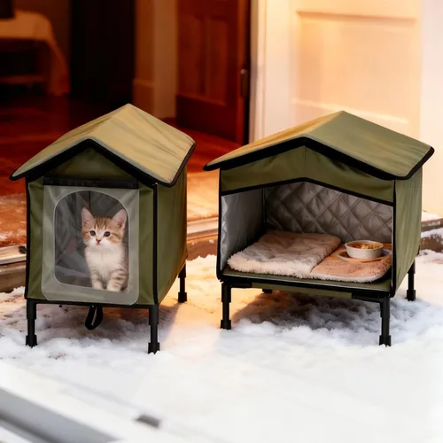 Vista 4 de Casa para gatos al aire libre con estación de alimentación para gatos, refugio elevado impermeable y aislado para mascotas, con puerta de solapa
