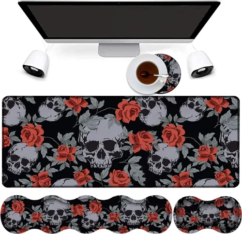 Vista 14 de Combo de alfombrilla de mouse 4 en 1, alfombrilla de mouse grande para juegos + soporte de muñeca para teclado + reposamuñecas de mouse + posavasos