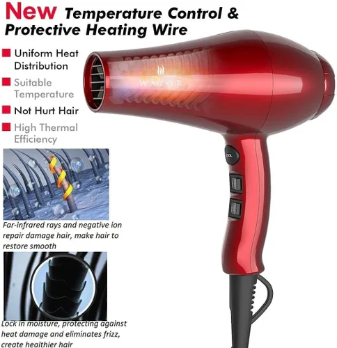 Vista 3 de Wazor Secador de pelo infrarrojo ligero con difusor 1875 W profesional negativo iónico secador de pelo potente de cerámica con concentrador, nariz