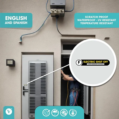 Vista 4 de Juego de 2 calcomanías de cierre eléctrico bilingüe, calcomanías de vinilo mate, impermeables, a prueba de arañazos y resistentes a los rayos UV