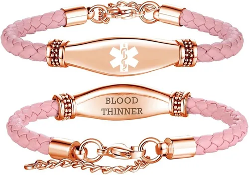 Vista 11 de LinnaLove Rose gold Medical Alert Bracelet for Women, Elegant Braided Pink Leather ID Jewelry, Adjustable Extension Fits 6.5"-8" Wrists