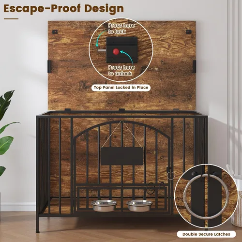 Vista 6 de BOINN Mueble plegable para perros de 41.3 pulgadas, no se ensambla, para perros de interior, jaulas de madera para perros con cuencos giratorios