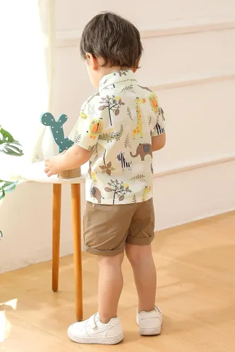 Vista 24 de JEELLIGULAR Conjunto de ropa de verano para bebé niño de manga corta con botones y pantalones cortos, trajes casuales para caballeros de 1 a 6 años