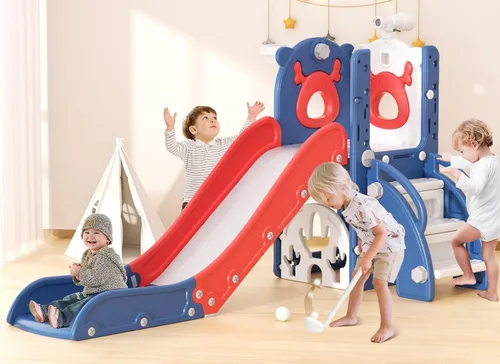 Vista 9 de YUFU Tobogán 7 en 1 para Niños para Niños Pequeños, Conjunto de Juego de Tobogán para Niños Pequeños con Golf, Escalador, Aro de Baloncesto