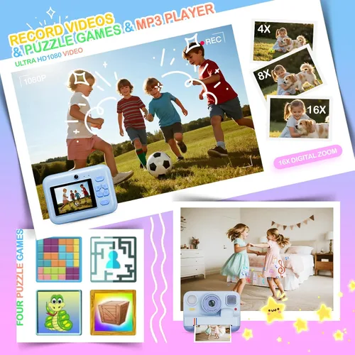 Vista 7 de Cámara de impresión instantánea para niños, regalos de cumpleaños de Navidad para niñas y niños de 3 a 15 años, cámara de video digital portátil
