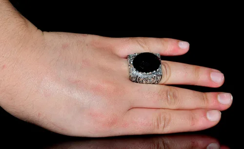 Vista 6 de 925 Sterling Silver Men's Ring with Natural Gemstone, Handmade Steel Pen Craft