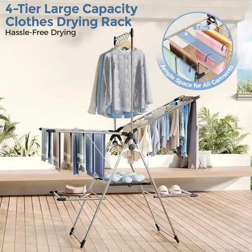 Vista 2 de APEXCHASER Estante de secado de ropa plegable de gran capacidad, estante de secado de lavandería de acero inoxidable resistente con colgador